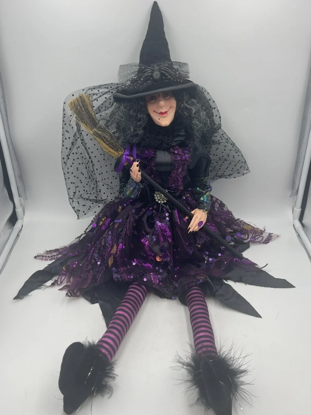31” Halloween Gothic Wicked Witch Shelf Sitter Doll Purple Sequins w/Broom Stick